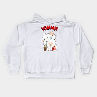 Cute white cat is having coffee and cake Kids Hoodie